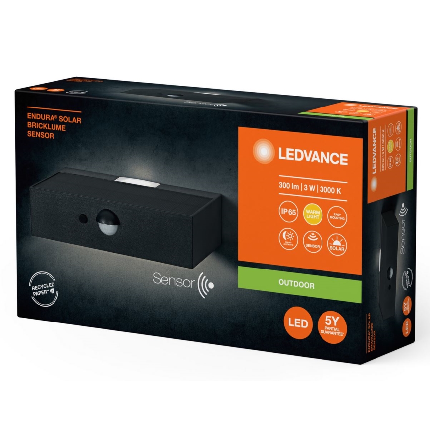Ledvance - Soldrevet LED væglampe med sensor ENDURA SOLAR LED/3W/4,2V 1200 mAh IP65