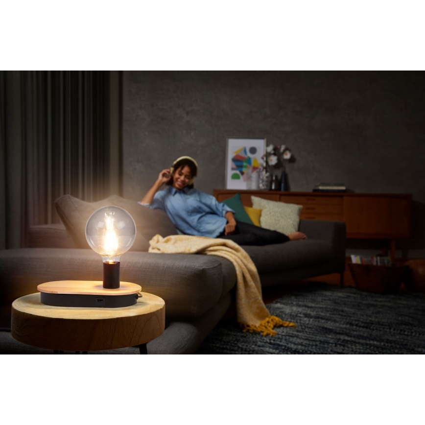 Ledvance - Touch bordlampe med USB-stik DECOR WOOD 1xE27/8W/230V gummitræ