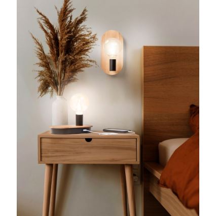 Ledvance - Touch bordlampe med USB-stik DECOR WOOD 1xE27/8W/230V gummitræ