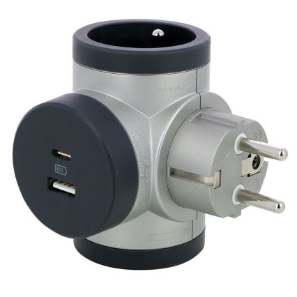Legrand 049439-Forgreningsled drejeligt 2Z Type E + USB-A + USB-C sølvfarvet/sort