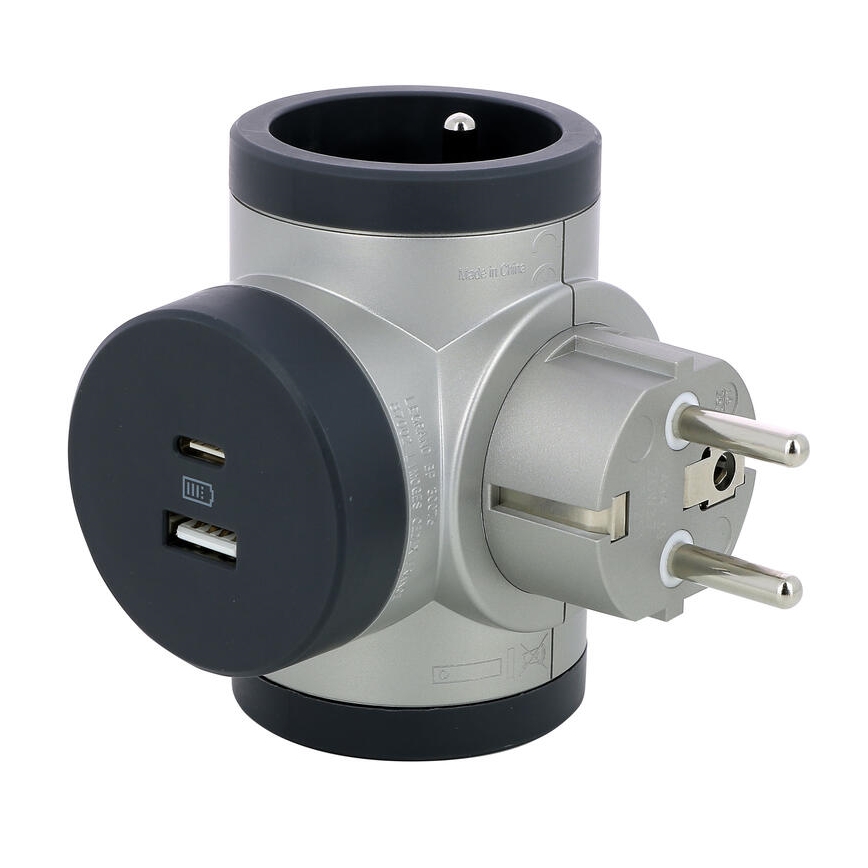 Legrand 049439-Forgreningsled drejeligt 2Z Type E + USB-A + USB-C sølvfarvet/sort