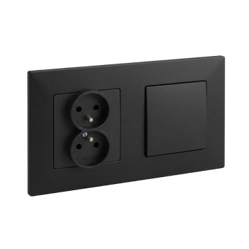 Legrand - Dobbelt stikkontakt til bolig og enpolet afbryder med ramme NILOE STEP 250V sort