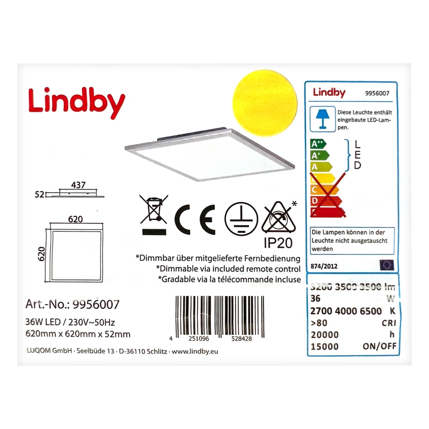 Lindby - LED Dæmpbar loftlampe LIVEL LED/36W/230V + fjernbetjening
