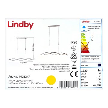 Lindby - LED pendel dæmpbar AURON 2xLED/12W/230V