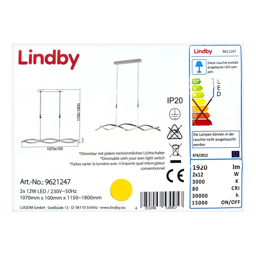 Lindby - LED pendel dæmpbar AURON 2xLED/12W/230V