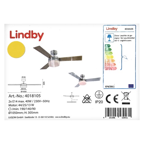 Lindby - Loftventilator ALVIN 2xE14/40W/230V + fjernbetjening