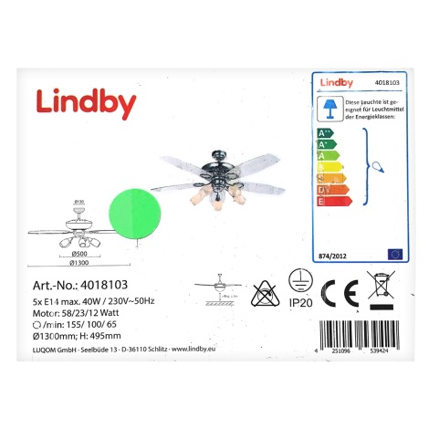 Lindby - Loftventilator med lys CEDRIK 5xE14/40W/230V