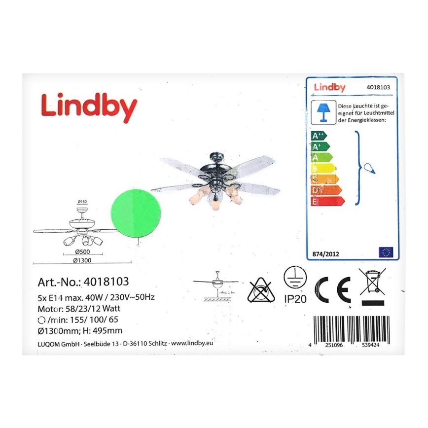 Lindby - Loftventilator med lys CEDRIK 5xE14/40W/230V