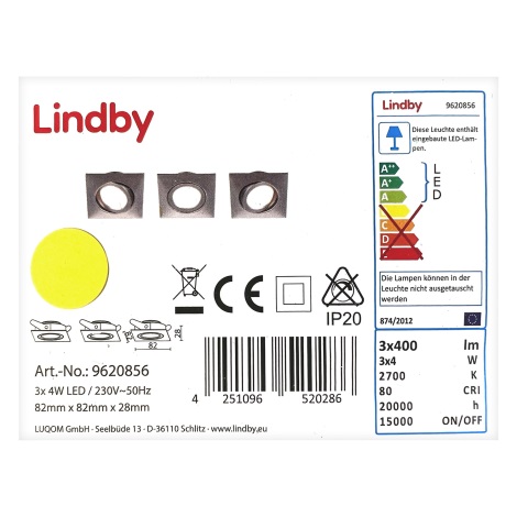 Lindby - SÆT 3x LED indbygningslampe ANDREJ LED/4W/230V