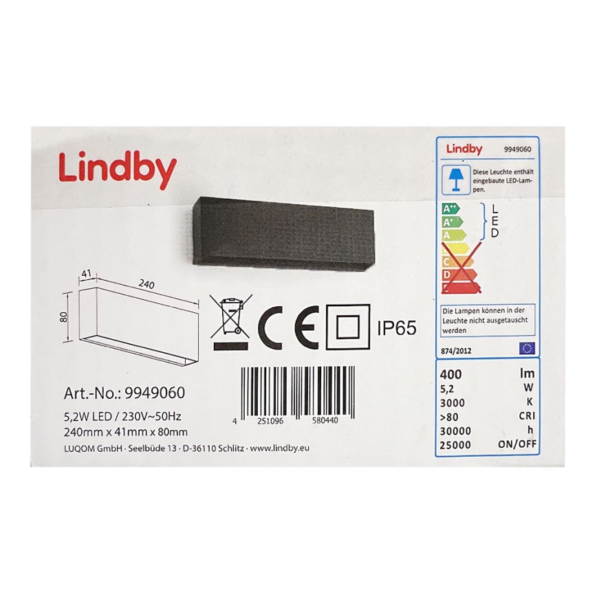 Lindby - Udendørs LED væglampe JARTE LED/5,2W/230V IP65