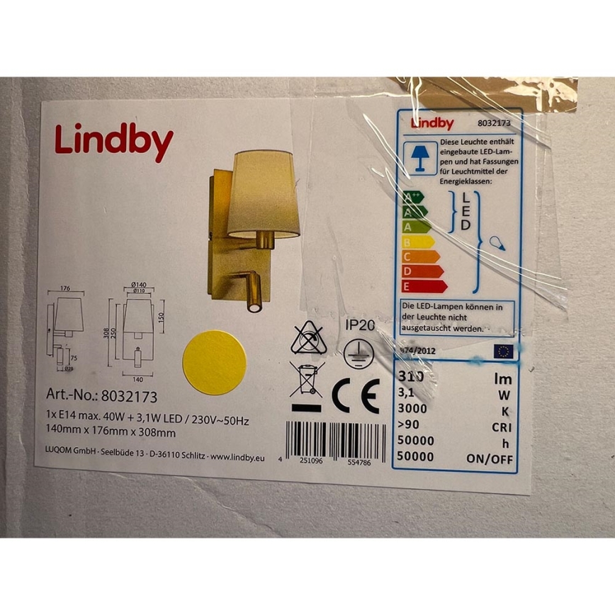 Lindby - Væglampe AIDEN 1xE14/40W/230V + LED/3,1W/230V