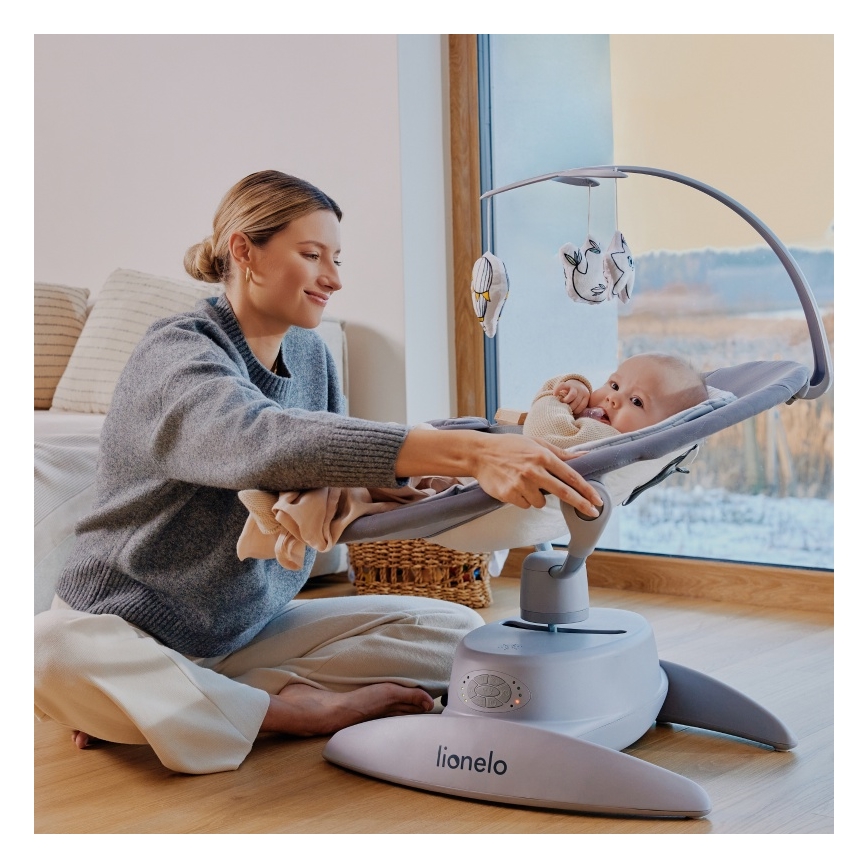 Lionelo - Babygynge med musik MELL Grey Stone 4xAA + fjernbetjening