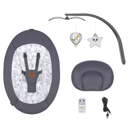 Lionelo - Babygyngestol med melodi RALF 4xAA Grå/Hvid + fjernbetjening