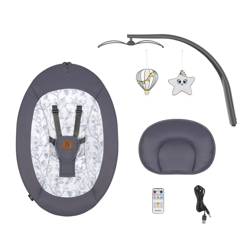 Lionelo - Babygyngestol med melodi RALF 4xAA Grå/Hvid + fjernbetjening