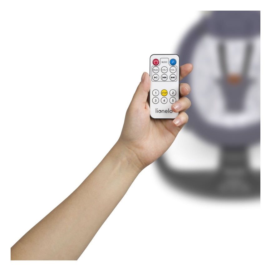 Lionelo - Babygyngestol med melodi RALF 4xAA Grå/Hvid + fjernbetjening