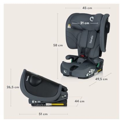 Lionelo - Foldbar autostol NELLY i-Size 76-150 cm Grå Grafit