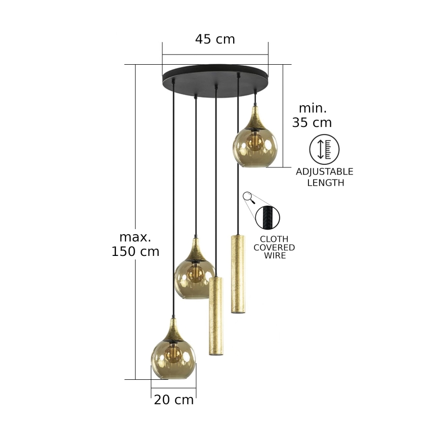 Loftlampe på kabel CALYPSO 2xGU10/60W/230V + 3xE27/60W sort/guld