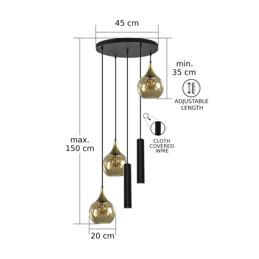 Loftlampe på kabel CALYPSO 2xGU10/60W/230V + 3xE27/60W sort/guld