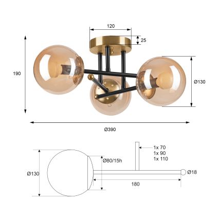 Loftlampe MALENA 3xE14/5W/230V guldfarvet/sort/røget beige