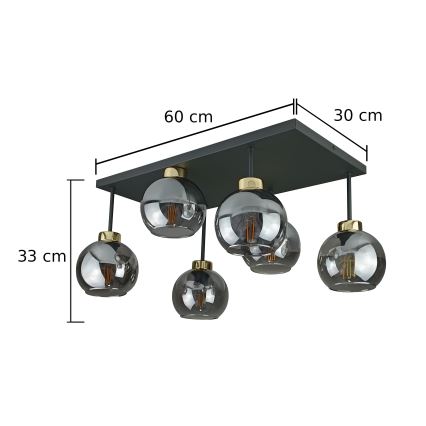 Loftlampe NESSA 6xE27/60W/230V sort/guldfarvet/røget sort