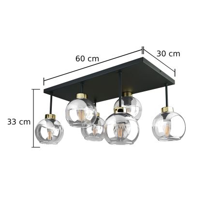 Loftlampe NESSA 6xE27/60W/230V sort/guldfarvet/transparent