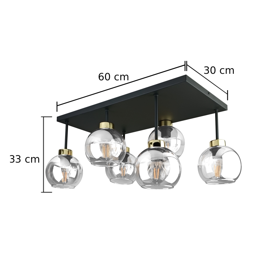 Loftlampe NESSA 6xE27/60W/230V sort/guldfarvet/transparent