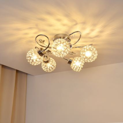Loftlampe SOPHIA 5xE27/15W/230V skinnende krom/transparent