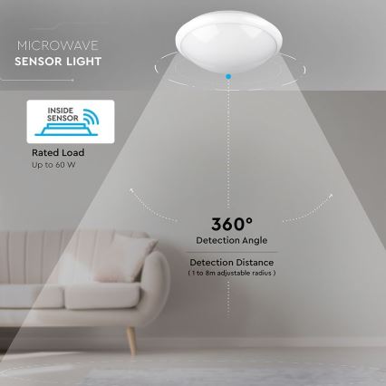Loftlampe til badeværelse med sensor 1xE27/60W/230V IP44 ø 29,6 cm
