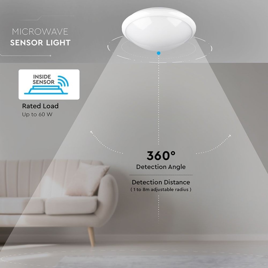 Loftlampe til badeværelse med sensor 1xE27/60W/230V IP44 ø 29,6 cm