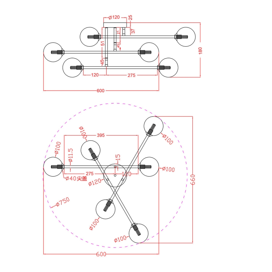 Loftmonteret lysekrone DORADO 6xG9/28W/230V gylden