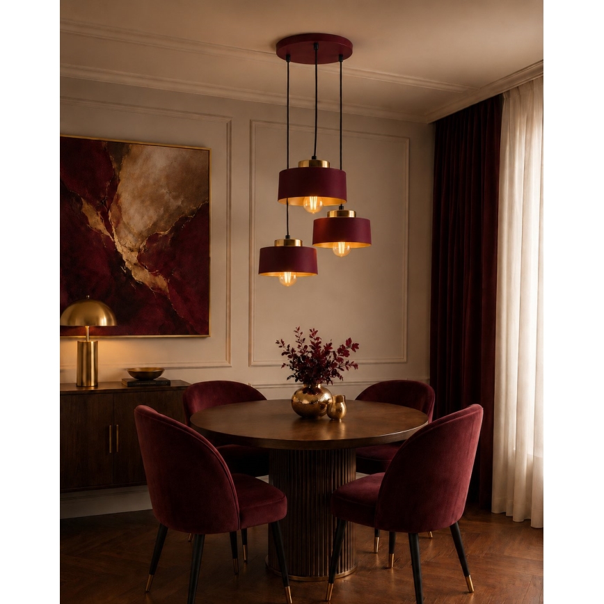 Loftpendel på wire IGNIA 3xE27/60W/230V vinrød/guld