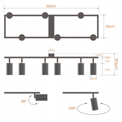 Loftspot 6 x GU10, 30 W, 230 V – sort