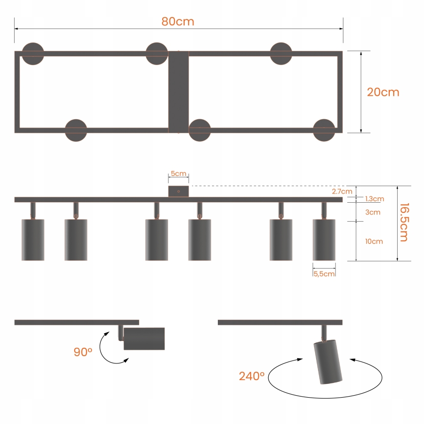 Loftspot 6 x GU10, 30 W, 230 V – sort