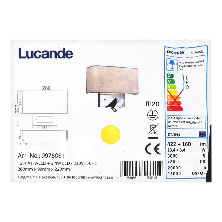 Lucande - LED væglampe VIRVE 1XLED/13,4W/230V + 1xLED/3,4W/230V