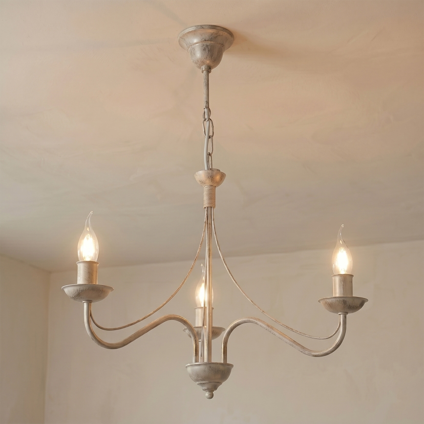 Lysekrone med kæde ANTON 3xE14/60W/230V hvid patina