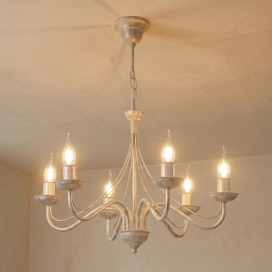 Lysekrone med kæde ANTON 6xE14/60W/230V hvid patina