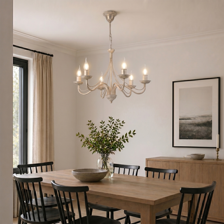 Lysekrone med kæde ANTON 6xE14/60W/230V hvid patina