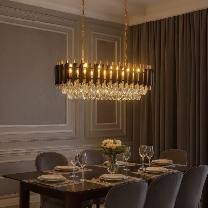 Lysekrone med kæde CRISTAL 10xE14/10W/230V sort/guld