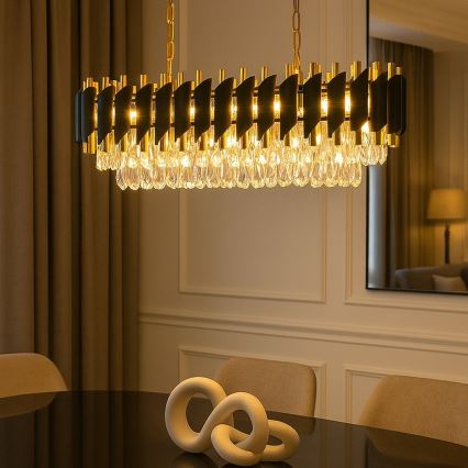 Lysekrone med kæde CRISTAL 10xE14/10W/230V sort/guld
