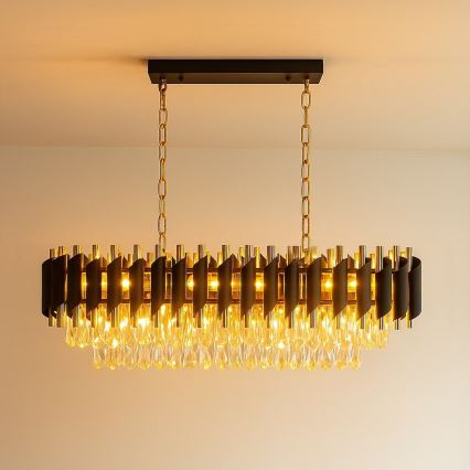 Lysekrone med kæde CRISTAL 10xE14/10W/230V sort/guld