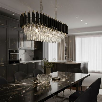 Lysekrone med kæde CRISTAL 10xE14/10W/230V sort/guld