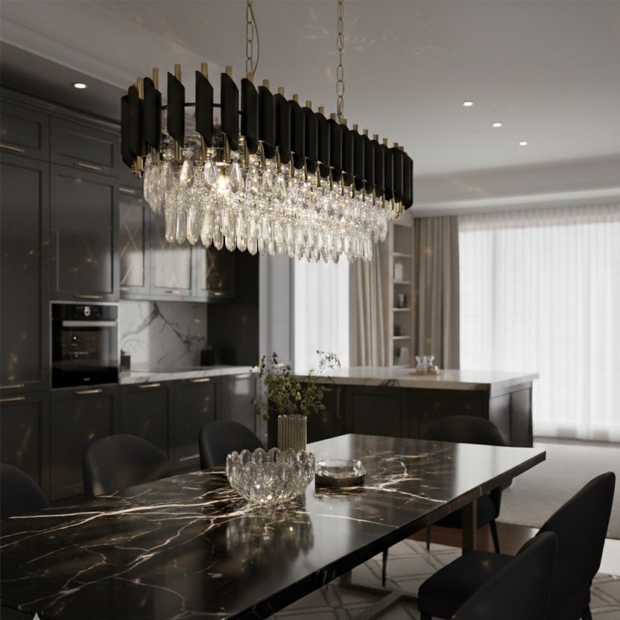 Lysekrone med kæde CRISTAL 10xE14/10W/230V sort/guld