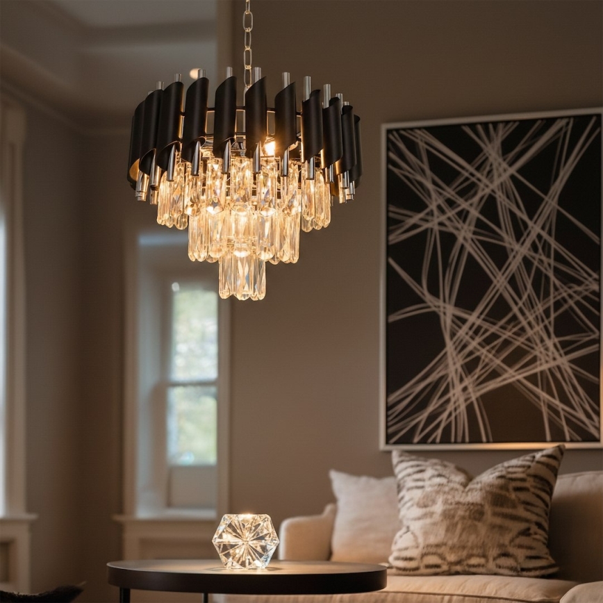 Lysekrone med kæde CRISTAL 5xE14/10W/230V Ø 38 cm sort/mat krom