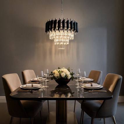Lysekrone med kæde CRISTAL 5xE14/10W/230V Ø 38 cm sort/mat krom