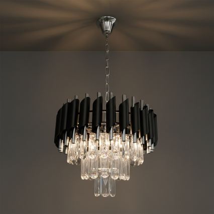 Lysekrone med kæde CRISTAL 5xE14/10W/230V Ø 38 cm sort/mat krom