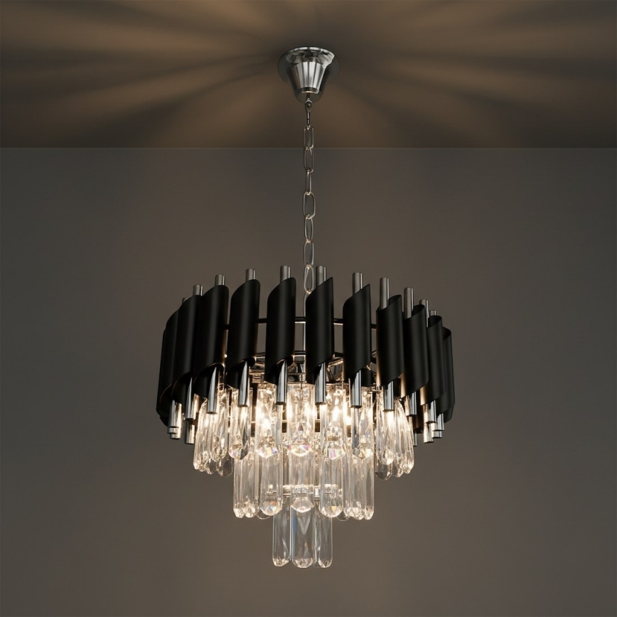 Lysekrone med kæde CRISTAL 5xE14/10W/230V Ø 38 cm sort/mat krom
