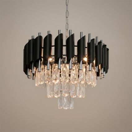 Lysekrone med kæde CRISTAL 5xE14/10W/230V Ø 38 cm sort/mat krom