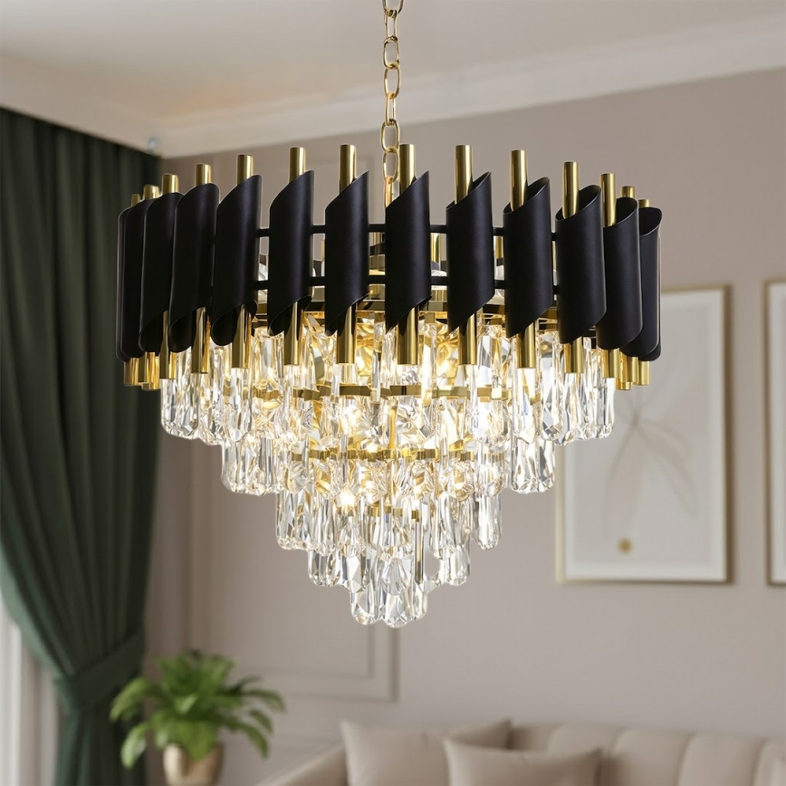 Lysekrone med kæde CRISTAL 7xE14/10W/230V Ø 48 cm sort/guld