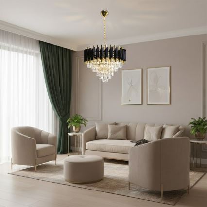 Lysekrone med kæde CRISTAL 7xE14/10W/230V Ø 48 cm sort/guld