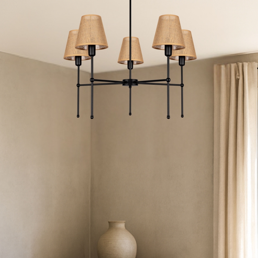Lysekrone med stang MADELA 5xE14/40W/230V jute/sort